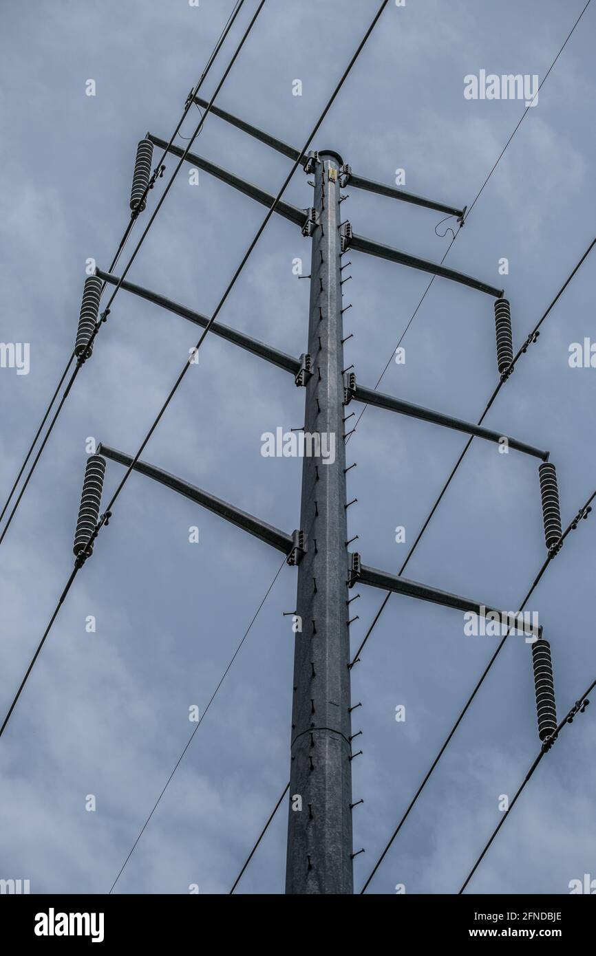 En regardant vers le haut jusqu'à la partie supérieure d'une tour qui fournit de l'électricité avec un câble attaché aux isolateurs avec un ciel couvert en arrière-plan Banque D'Images