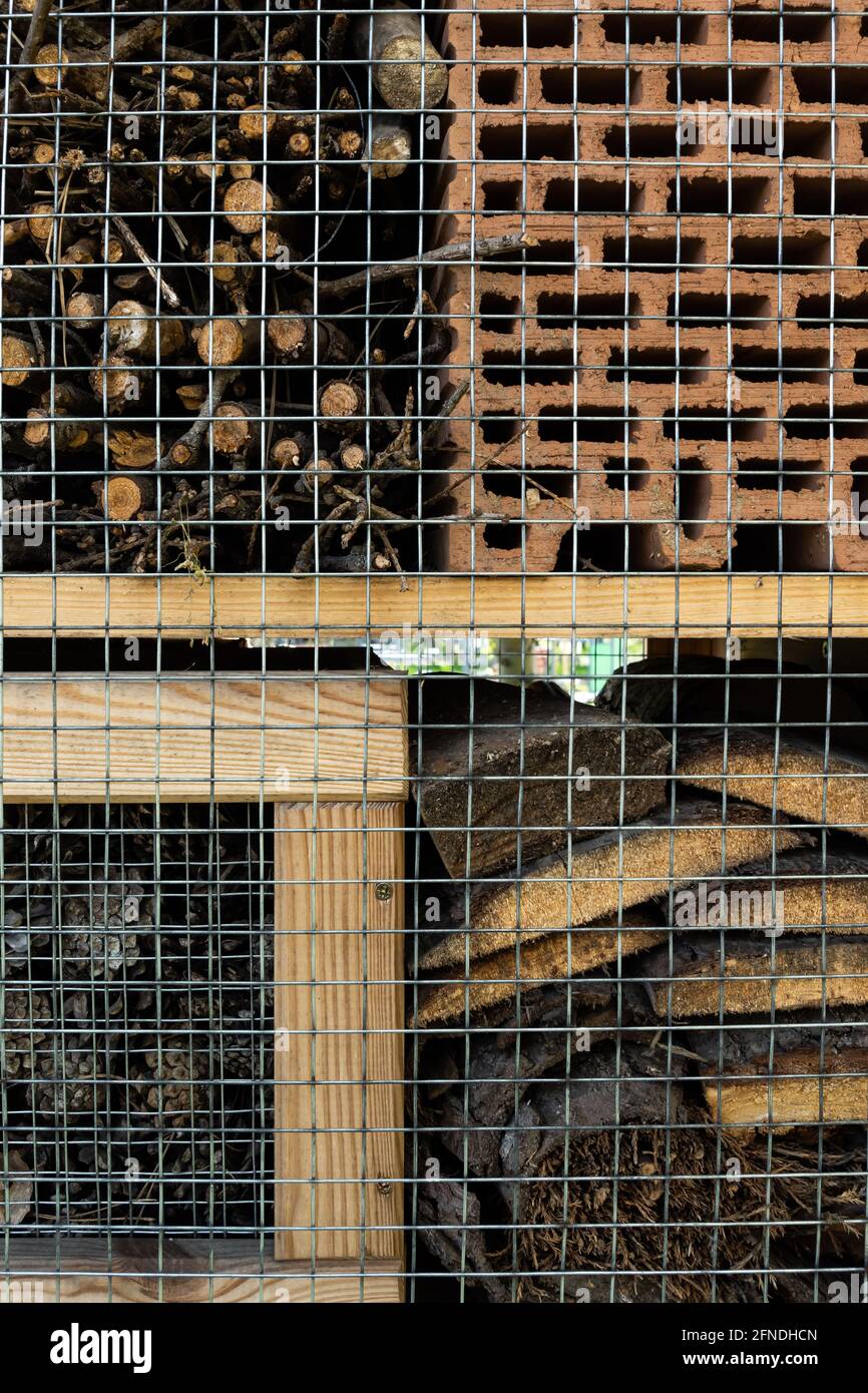 Insecte maison dans le parc de la ville. Composition de bâtons, céramique placée sur des étagères en bois. La photo a été prise en plein jour. Banque D'Images