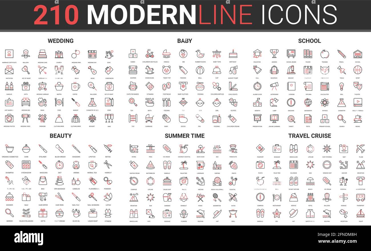 Ceremonie De Mariage De Mariage Beaute Mode Fin Rouge Ligne Noire Icone Scenario Ensemble D Illustration Collection De Symboles Lineaires Pour Les Soins Aux Bebes L Education Scolaire Les Vacances D Ete Sur La Plage