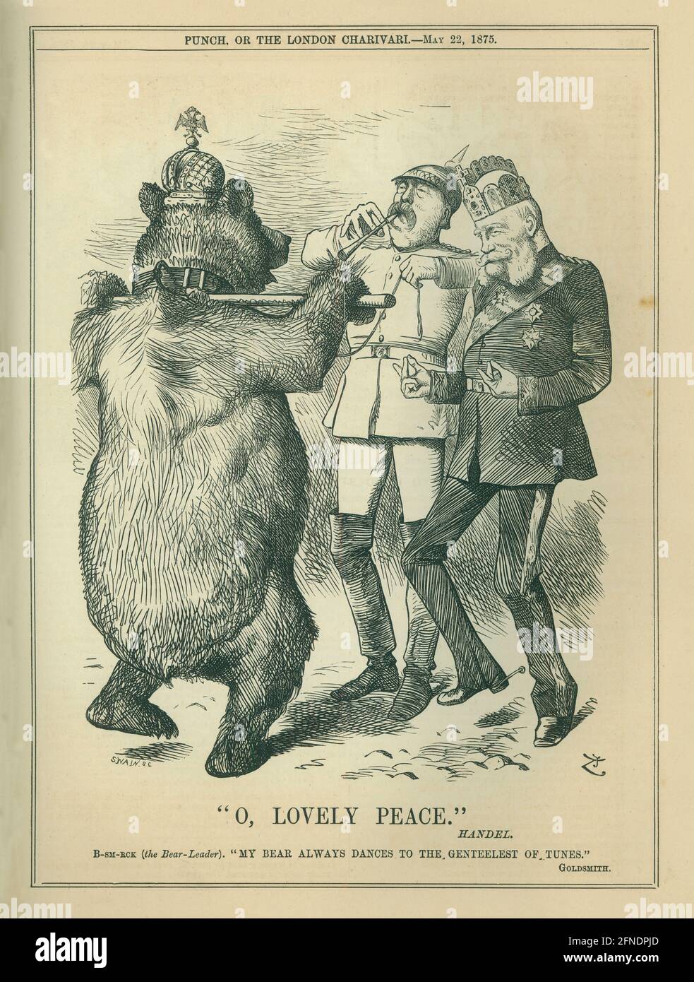 Oh, hermosa paz. Dibujo satírico-político sobre el aparente enendimiento entre el oso ruso Alejandro II (1818-1881), Otto von Bismarck (1815-1898), y Francisco José I (1830-1916), líderes de Rusia, Alemania y Austria, tivamente, Otto en Bismarck (1875-), y Francisco José de la revista en revista de Rusia, alemania, en revista en realizada. Banque D'Images