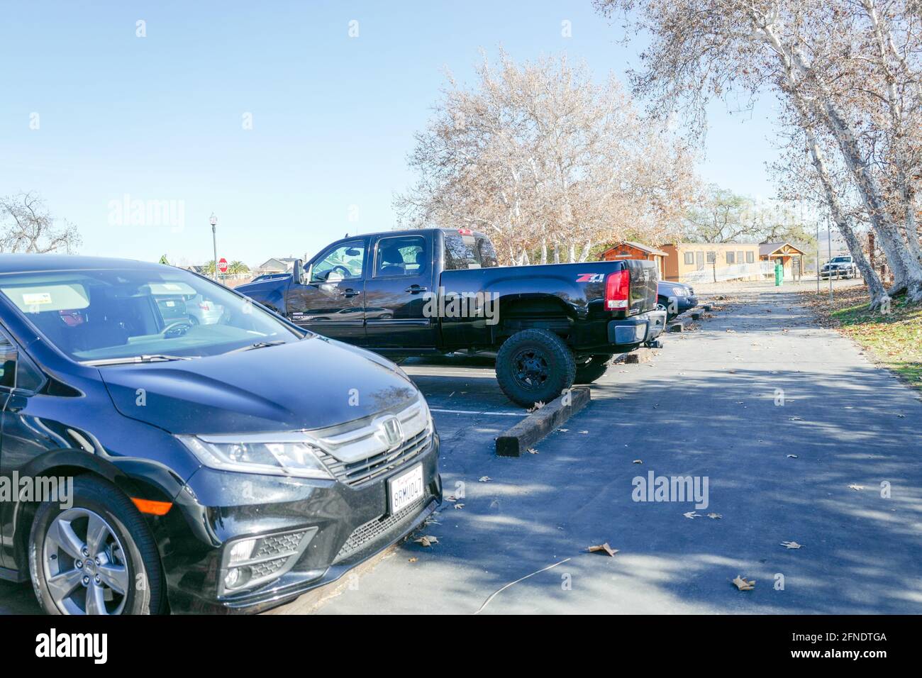 Photographie des pick-up garés par un trottoir, le 19 décembre 2020. () Banque D'Images