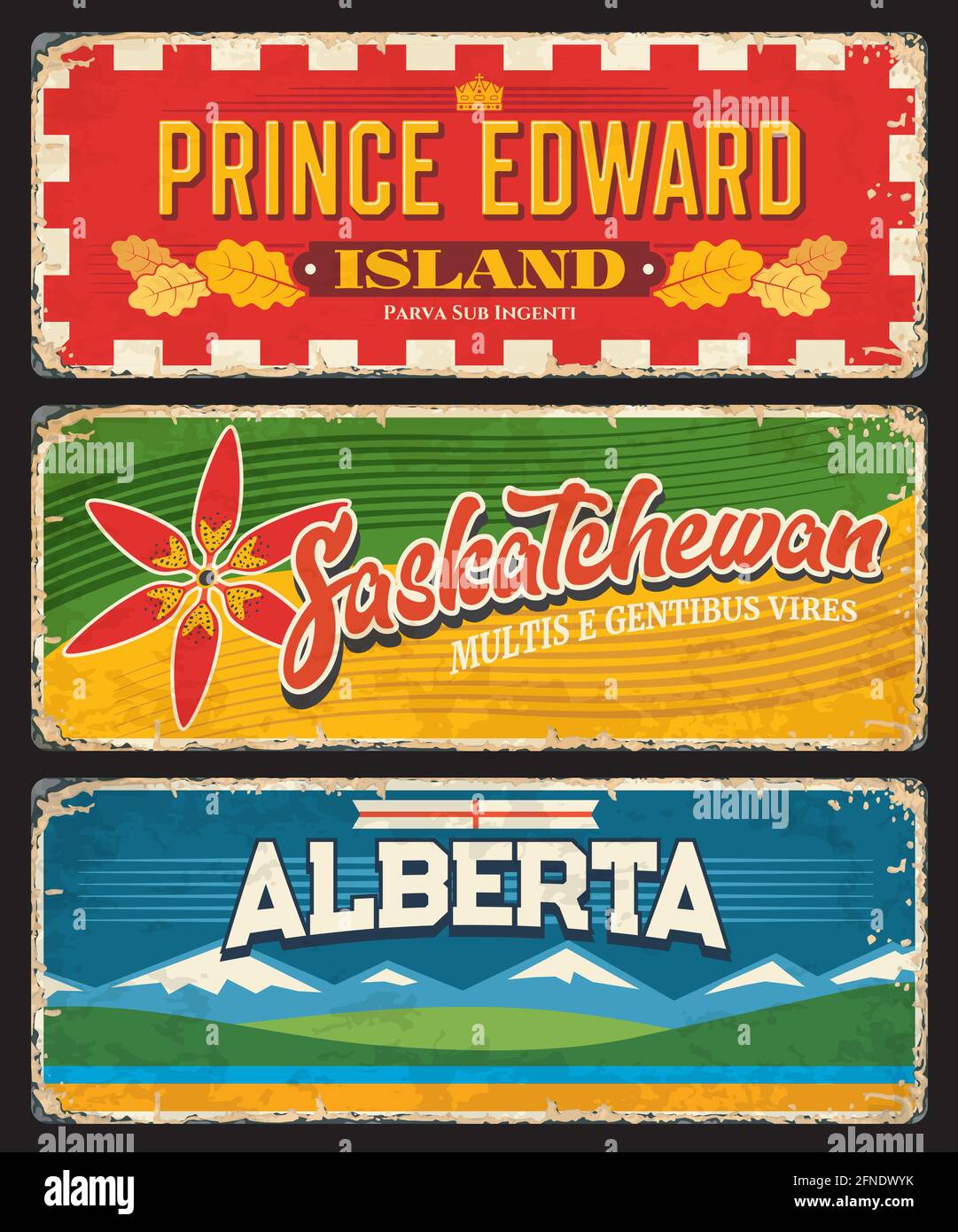 Provinces et régions canadiennes de l'Île-du-Prince-Édouard, de la Saskatchewan et de l'Alberta. Plaques vectorielles avec drapeaux des provinces du Canada, nénuphars des Prairies, le chêne Illustration de Vecteur