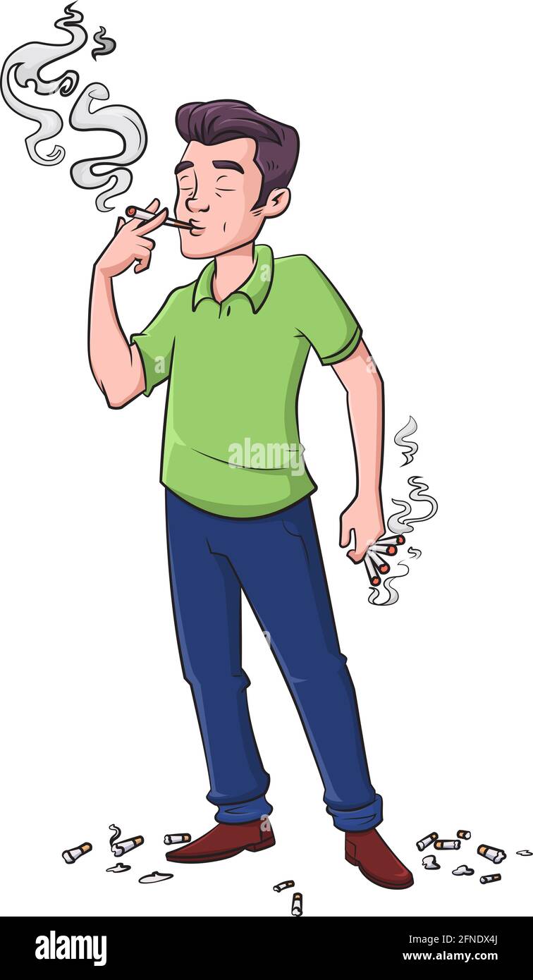 Illustration vectorielle de dessin animé d'une chaîne d'homme fumant des cigarettes avec butin Illustration de Vecteur