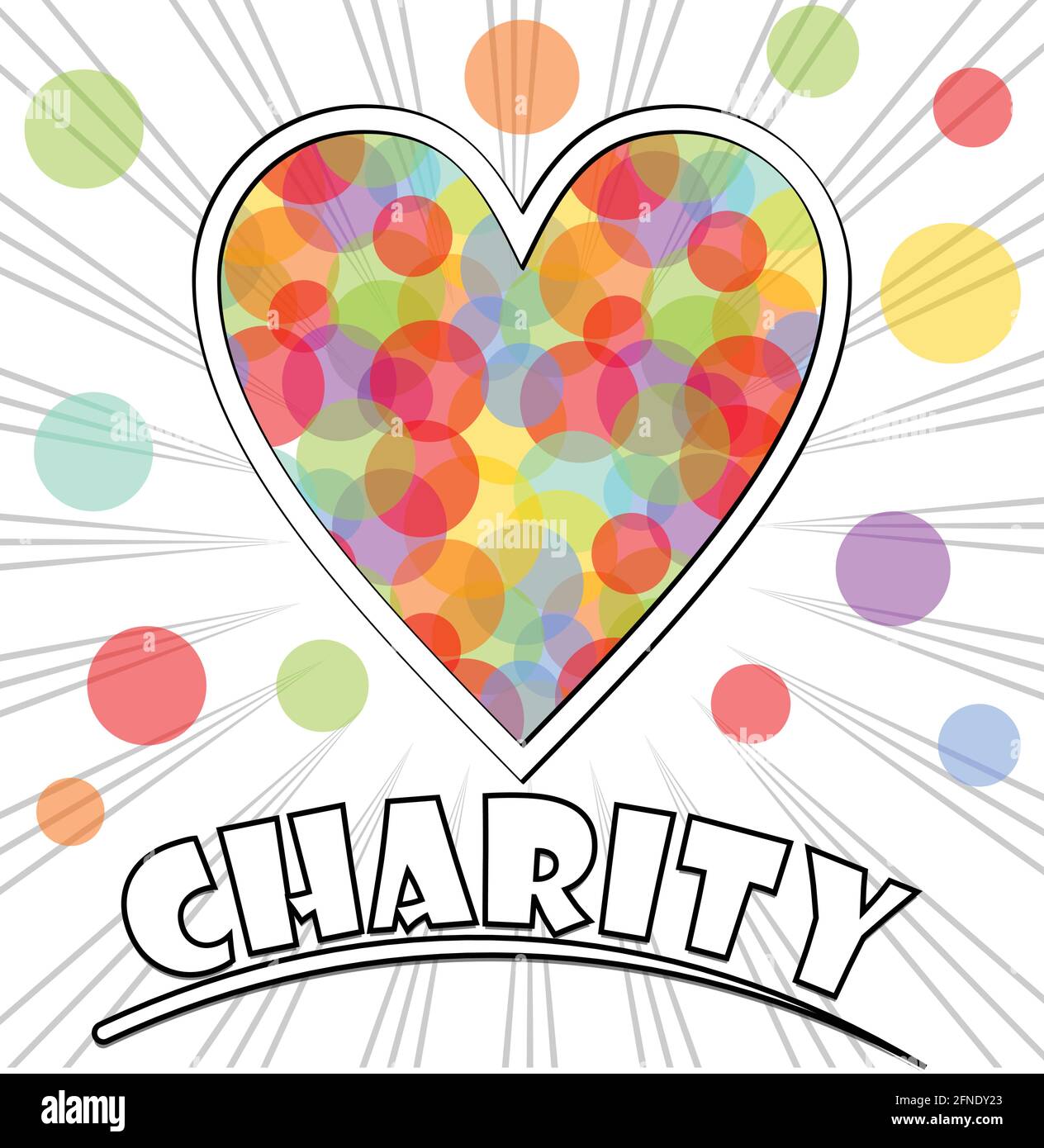 Affiche pour un événement caritatif avec forme de coeur remplie de cercles de couleur pastel. Arrière-plan avec des rayons et l'inscription de charité. Illustration de Vecteur
