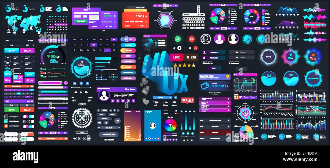 Interface utilisateur Dark Set elements. Collection universelle pour Web, interface utilisateur, UX et KIT. Interface colorée, design néon. Éléments de l'interface utilisateur Big Set - navigation Illustration de Vecteur