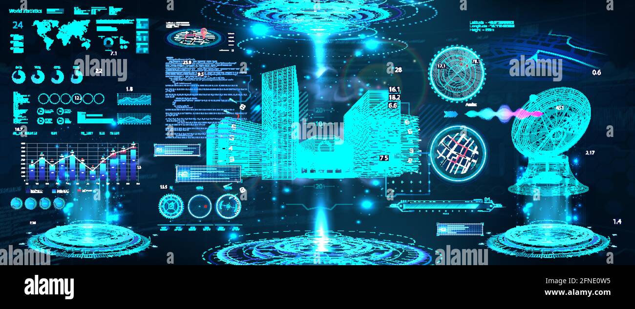 Centre de contrôle avancé avec interface utilisateur HUD. Modélisation des informations de bâtiment avec interface utilisateur futuriste. Technologie intelligente IOT pour la ville et les bâtiments. Scifi Illustration de Vecteur