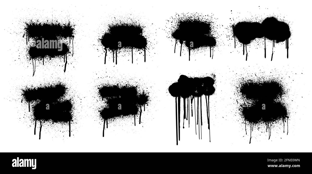 Modèle Stencil graffiti spray, isolé sur fond blanc. Formes de peinture en aérosol vectorielles avec taches et gouttes. Modèle Graffiti avec des touches noires Illustration de Vecteur