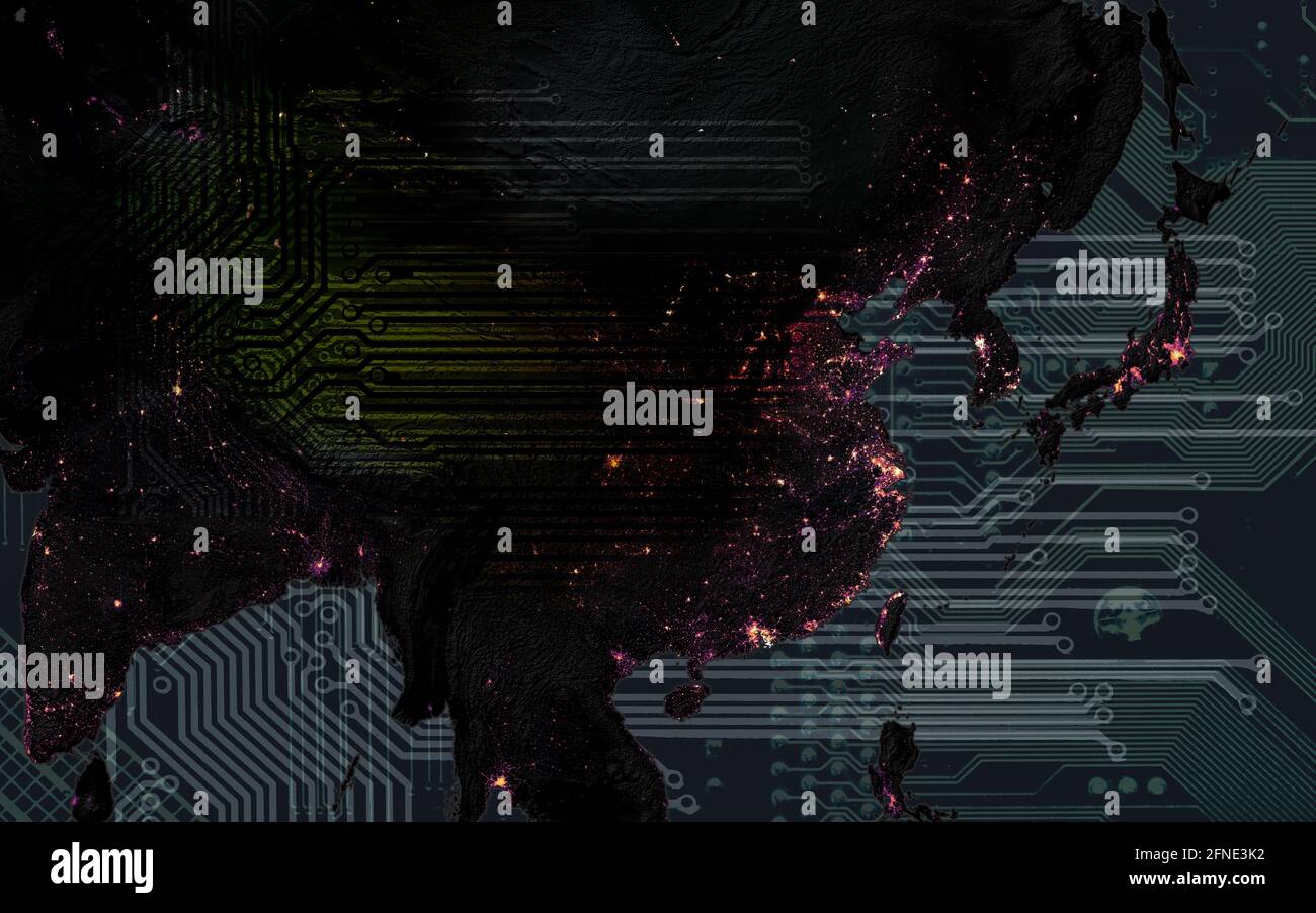 L'Asie sombre dans les cityLights de l'espace et le modèle de carte mère avec l'espace de copie pour votre texte. Concept de technologie de l'information. Éléments de cette image fournit Banque D'Images