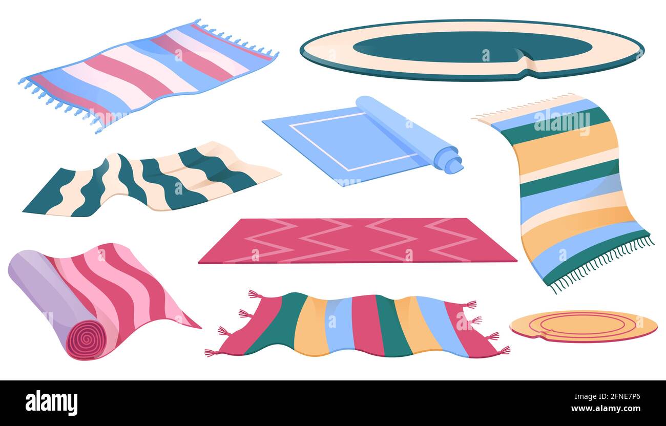 Ensemble de tapis ou de tapis de différentes formes, motifs et couleurs. Revêtement de sol, décoration intérieure, tapis avec bords à franges, décoration intérieure confortable isolée sur fond blanc, dessin vectoriel de dessin animé Illustration de Vecteur