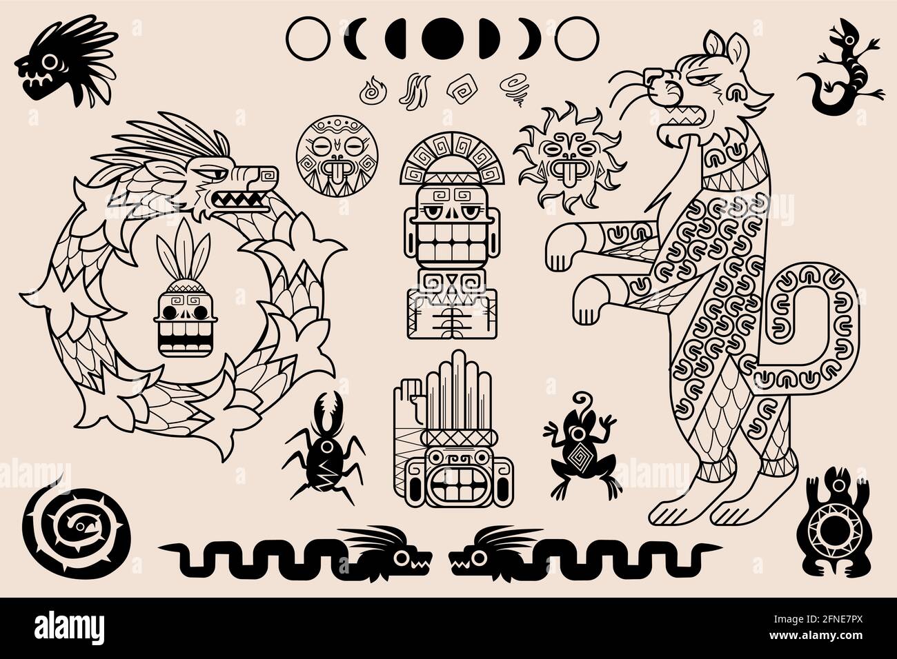 Ornements aztèques et mayas, motifs tribaux mexicains anciens. Art indigène ethnique ensemble de vecteurs d'illustrations géométriques indiennes traditionnelles mexicaines avec des animaux et des totems Illustration de Vecteur