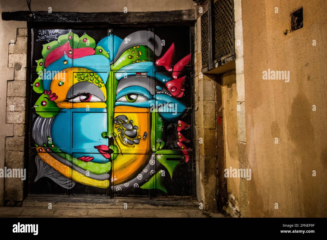 Des œuvres d'art colorées ornent les portes de la façade de la boutique après la fermeture de nuit dans le quartier gothique de Barcelone, en Espagne Banque D'Images