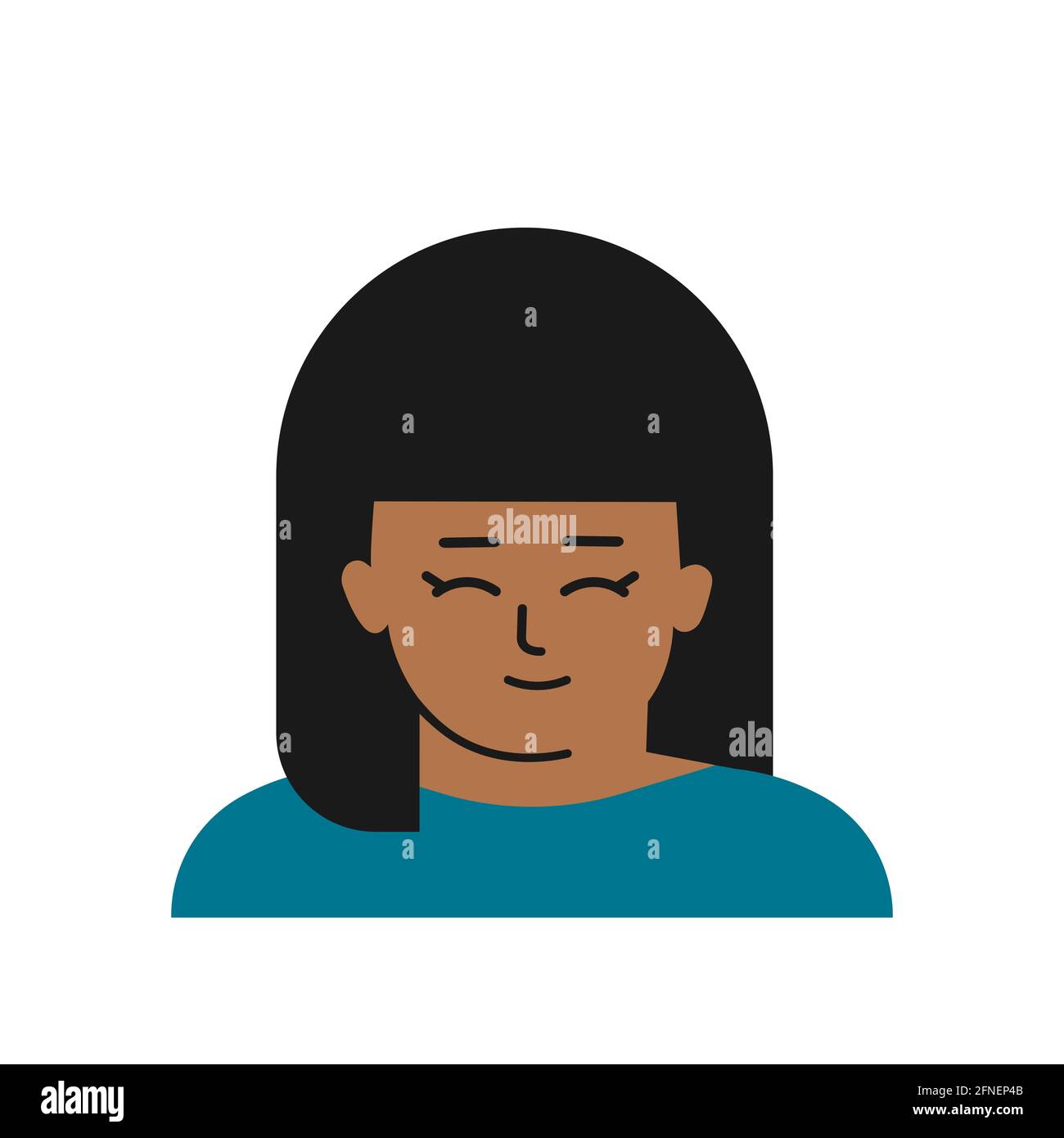 Illustration vectorielle isolée à plat avec portrait de personnage de dessin animé. Avatar de petite fille asiatique. Elle a des cheveux de brunette et de coup, peau légèrement sombre. Illustration de Vecteur
