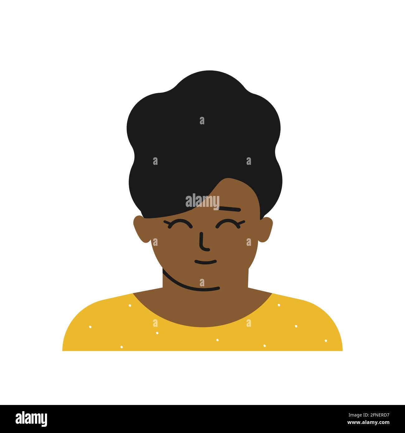 Illustration vectorielle isolée à plat avec portrait de personnage de dessin animé. Avatar de petite fille afro-américaine avec brunette cheveux bouclés, peau foncée. Mignon Illustration de Vecteur