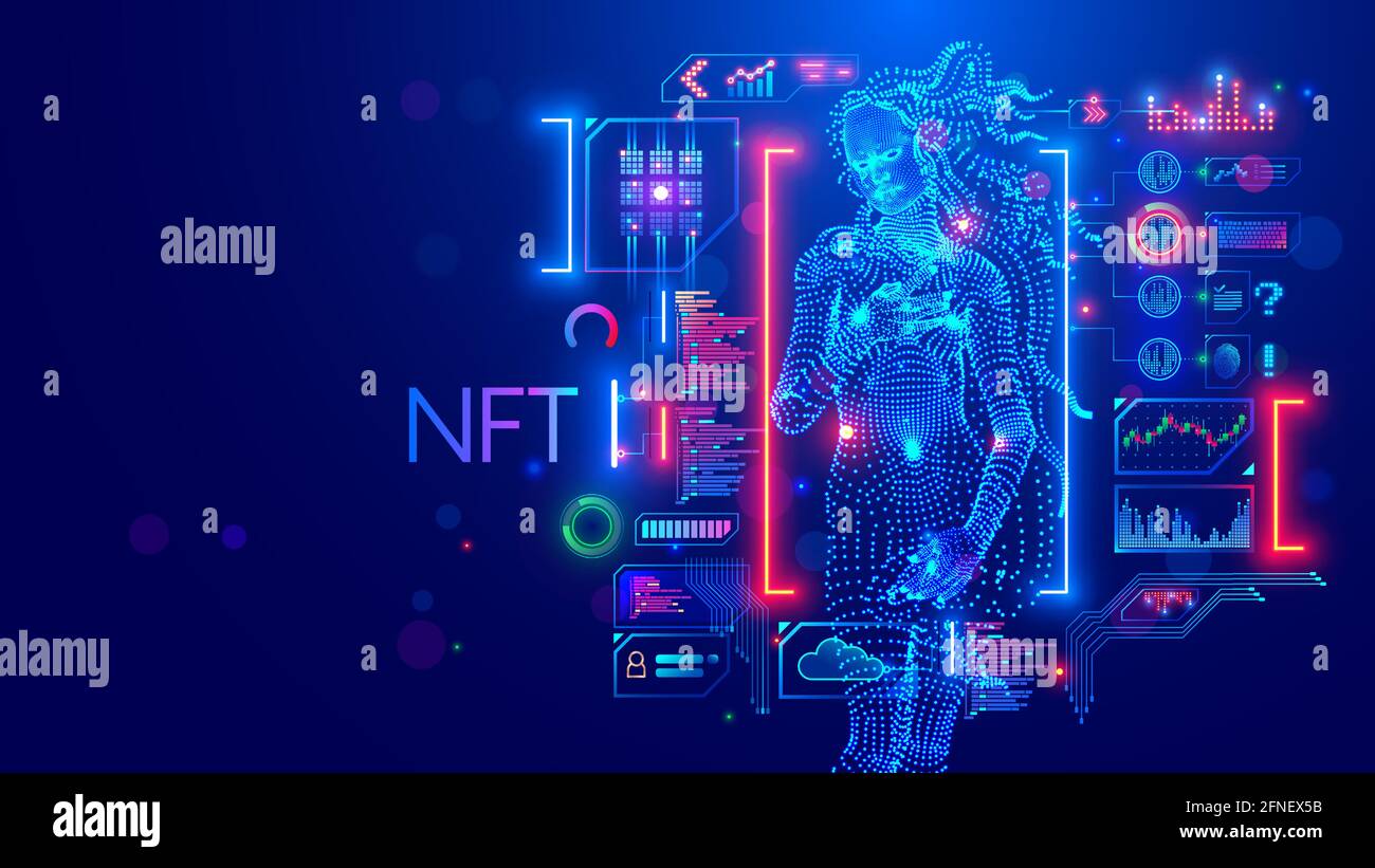 Jeton NFT dans la maquette. Technologie blockchain en crypto-art numérique, illustration informatique, design. Créer ERC20 de pièces de collection. Investissement dans Illustration de Vecteur