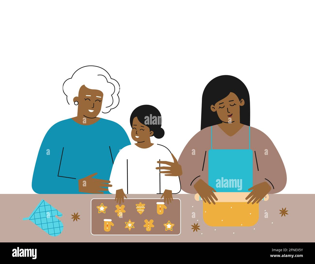 Illustration de Noël à motif vectoriel avec espace de copie. La famille afro-américaine de plusieurs générations prépare un délicieux biscuit au pain d'épice à la maison. Grand-mère et happ Illustration de Vecteur