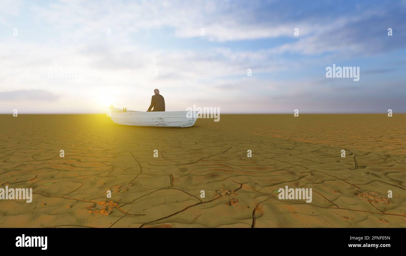 Concept ou paysage conceptuel du désert avec un homme dans un bateau comme métaphore pour le réchauffement planétaire et le changement climatique. Banque D'Images