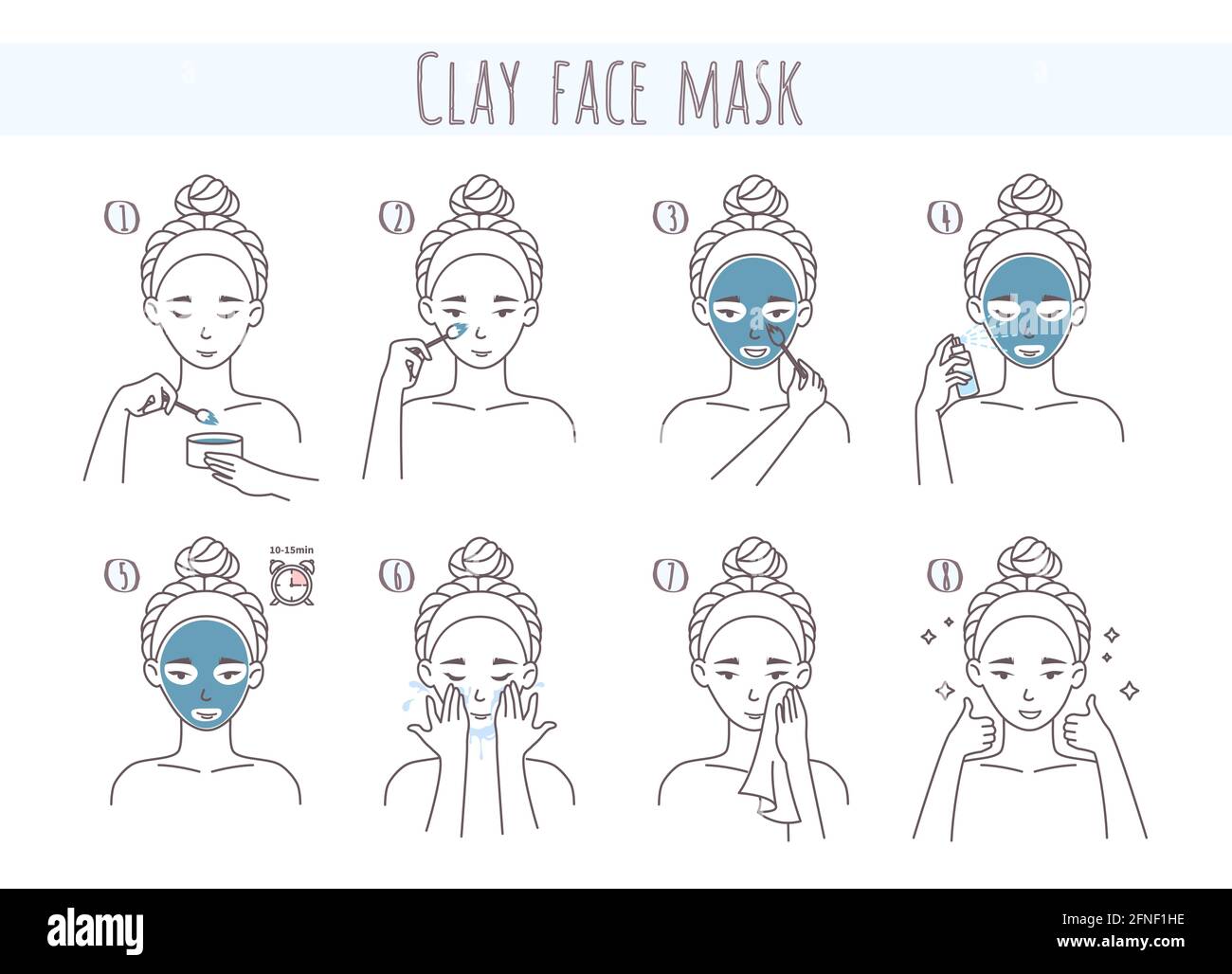 Étapes d'application et de retrait du masque facial en argile, illustration vectorielle. Soin de la peau du visage, procédure de beauté. Illustration de Vecteur