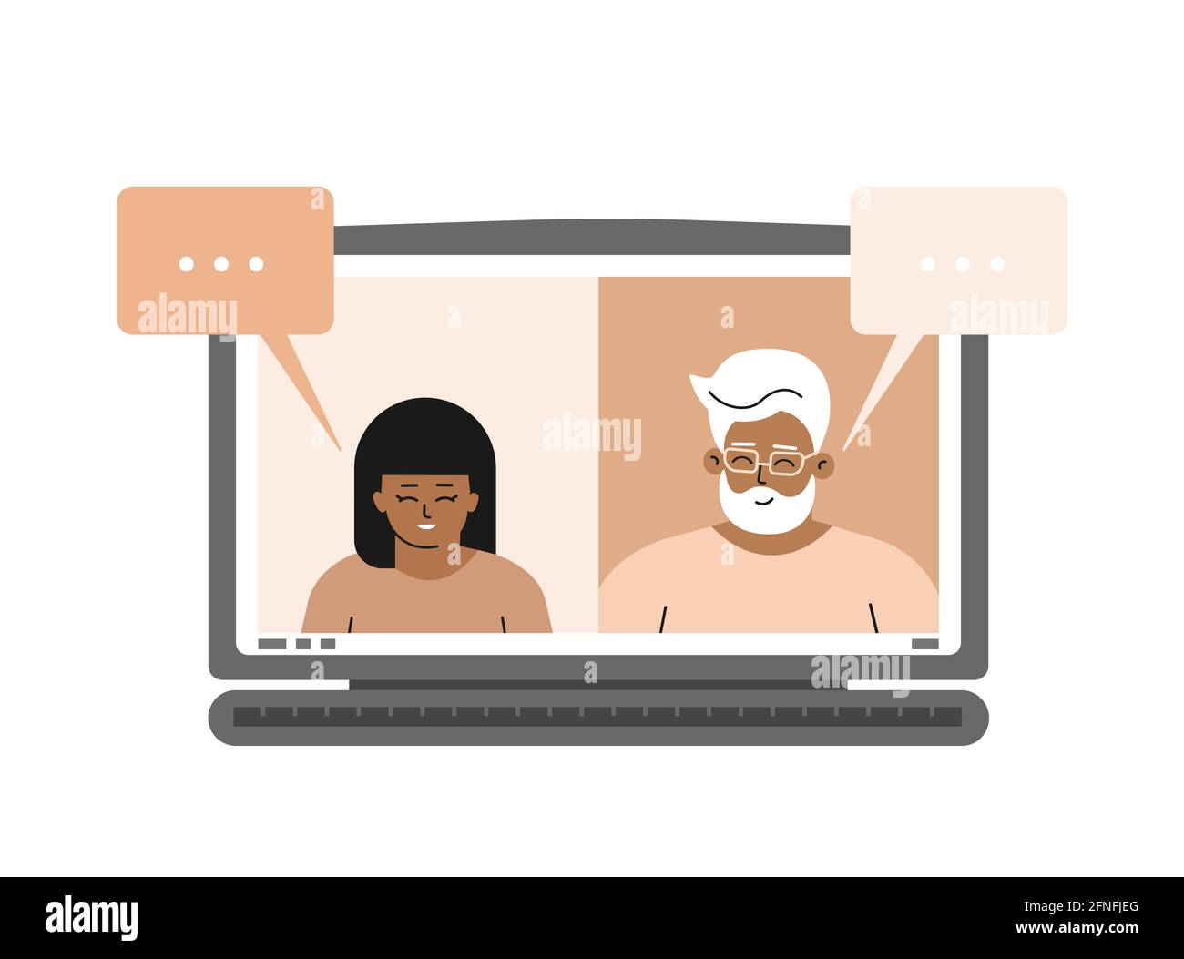 Concept vectoriel avec bulles vocales. Moniteur d'ordinateur portable avec une fille asiatique et un vieux professeur (homme coréen). Éducation à distance en ligne en quarantaine. Plate-forme Web Illustration de Vecteur