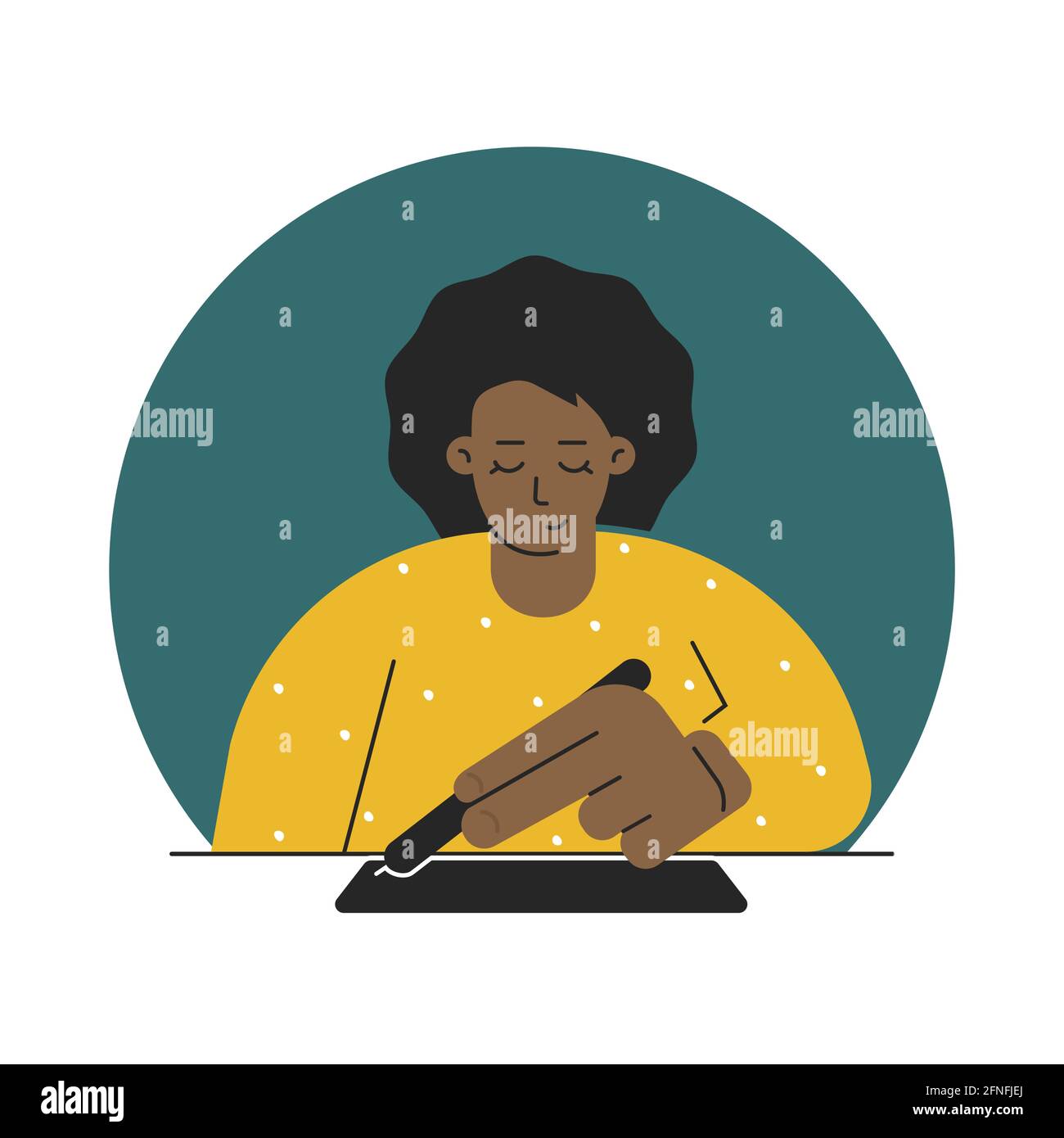 Illustration plane isolée vectorielle. La créatrice afro-américaine (femme) dessine l'illustration sur une tablette graphique, utilise un stylet, s'assoit à une table. La femme est lear Illustration de Vecteur