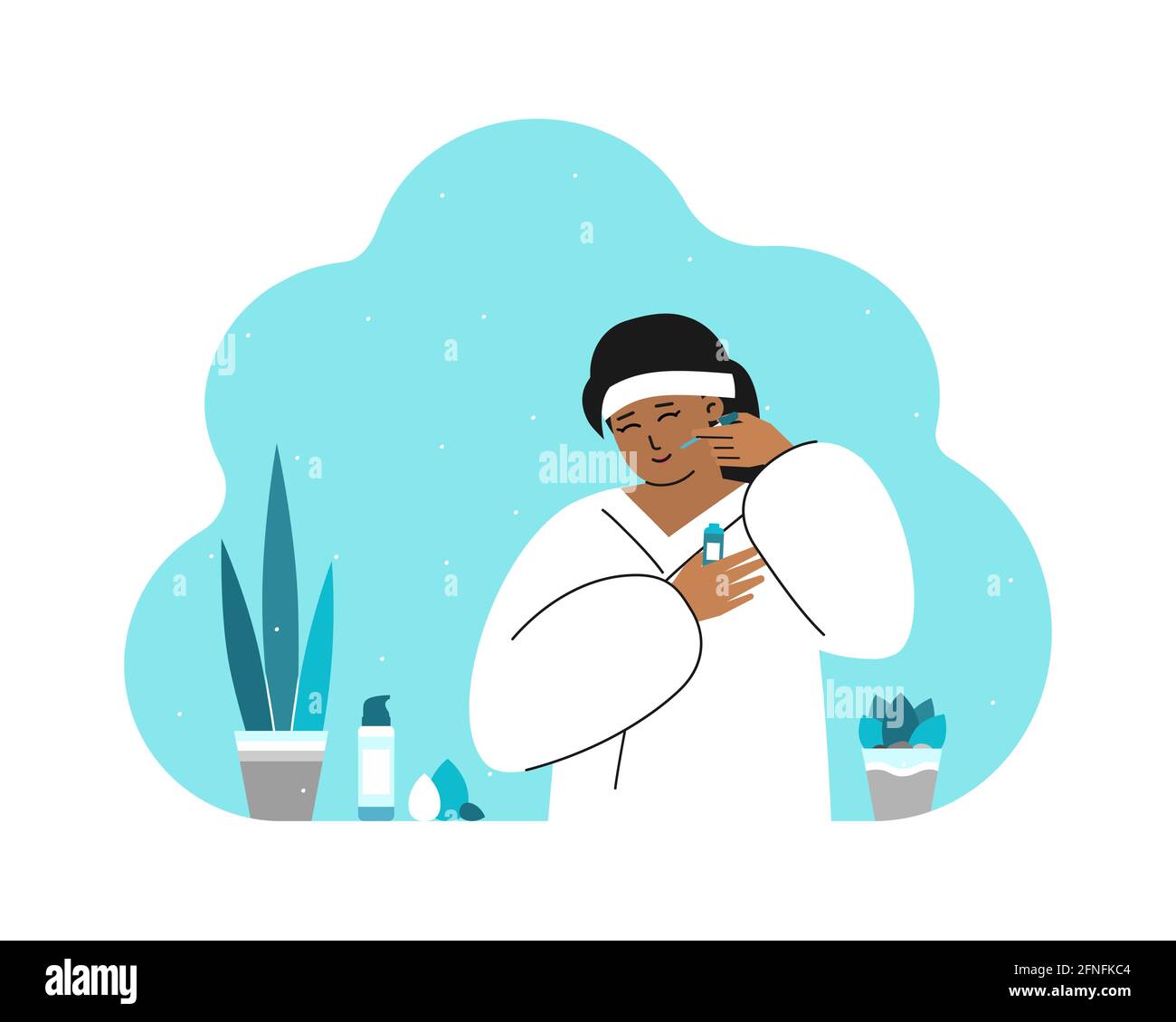 Concept Vector Flat isolé avec jolie femme asiatique dans la salle de bains, portant un peignoir blanc et utilisant des produits cosmétiques. Routine quotidienne de soin de la peau. Kore Illustration de Vecteur