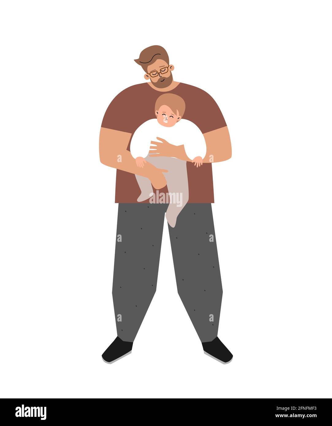 Illustration plane isolée vectorielle. Caucasien simple daddy sourit, tient dans ses bras peu doux adopté bébé. Le père heureux d'accueil montre l'amour de parent Illustration de Vecteur