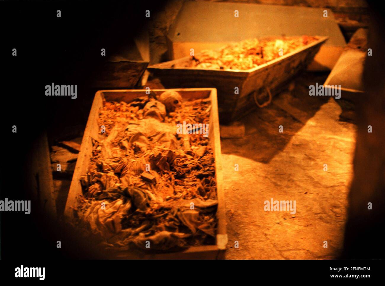 Cadavre momifié d'un enfant dans un cercueil dans la crypte sous l'église paroissiale, Berlin-Mitte, 19.11.1998, [traduction automatique] Banque D'Images
