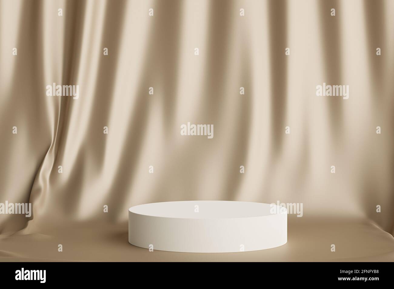 Podium ou socle en forme de cylindre pour les produits ou la publicité sur fond de rideaux beiges brillants, rendu d'illustration 3D minimal Banque D'Images