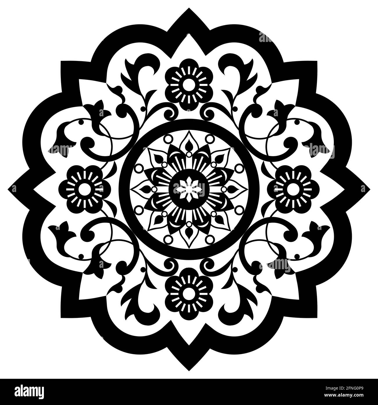 Motif mandala rétro marocain sculpté, motif vectoriel détaillé en arabe avec fleurs, feuilles et tourbillons en noir sur fond blanc Illustration de Vecteur