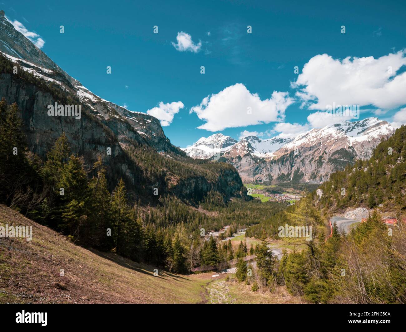 Belle vue sur les montagnes enneigées, les pins et le vaste paysage montagneux. Kandersteg, Suisse. Banque D'Images