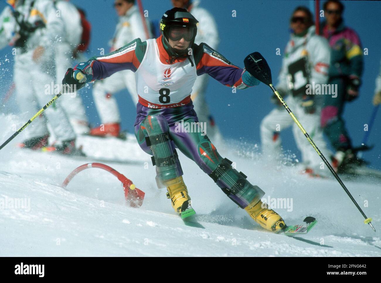 Jeux olympiques d'hiver 1992 à Albertville. Slalom pour femmes à Méribel 20.02.1992. Blanca Fernandez Ochoa (Espagne) action. [traduction automatique] Banque D'Images