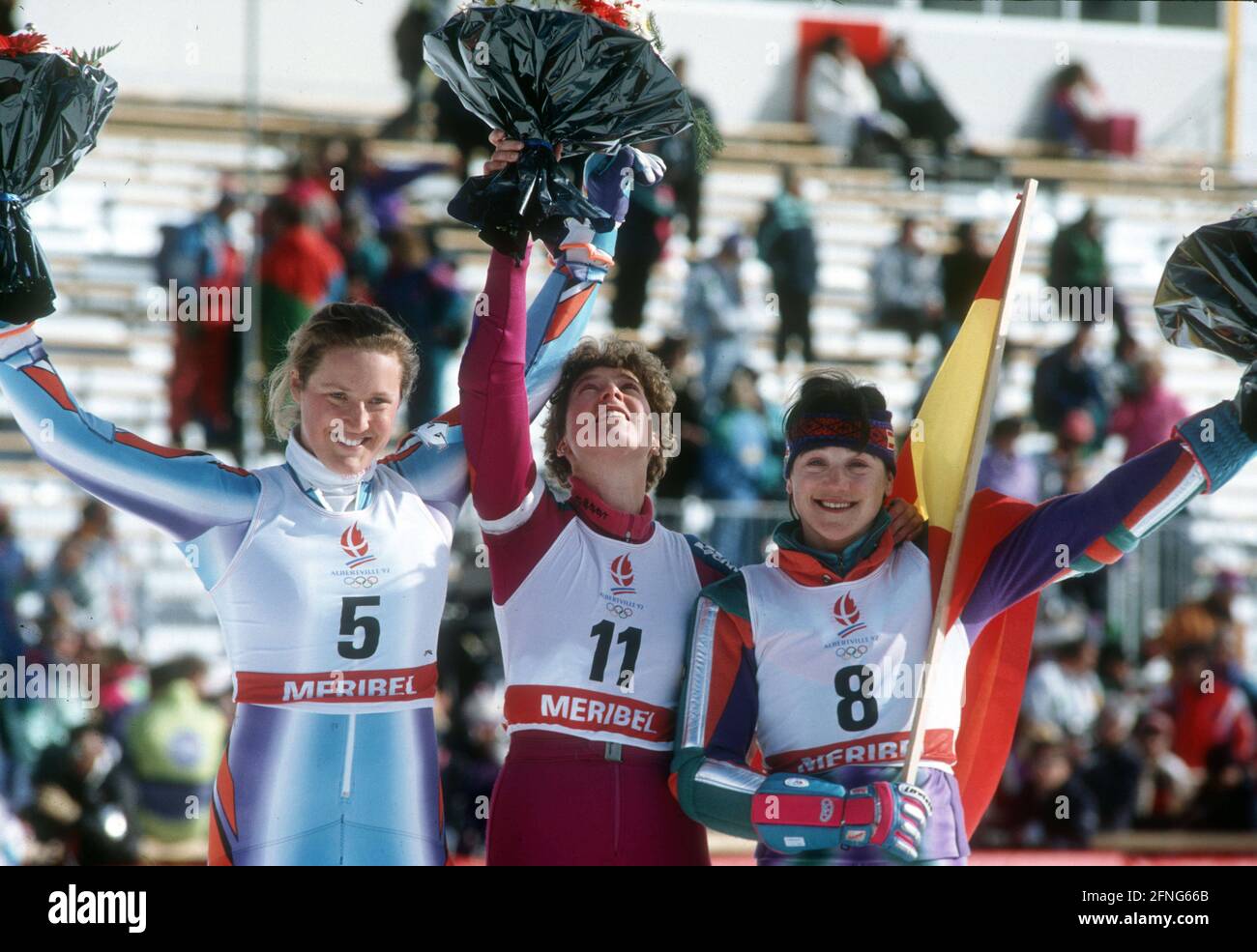 Jeux olympiques d'hiver 1992 à Albertville. Cérémonie de remise des prix du slalom féminin à Méribel 20.02.1992. Depuis la gauche : Annelise Coberger (Nouvelle-Zélande/argent) Petra Kronberger (Autriche/Or) et Blanca Fernandez Ochoa (Espagne/Bronze). [traduction automatique] Banque D'Images
