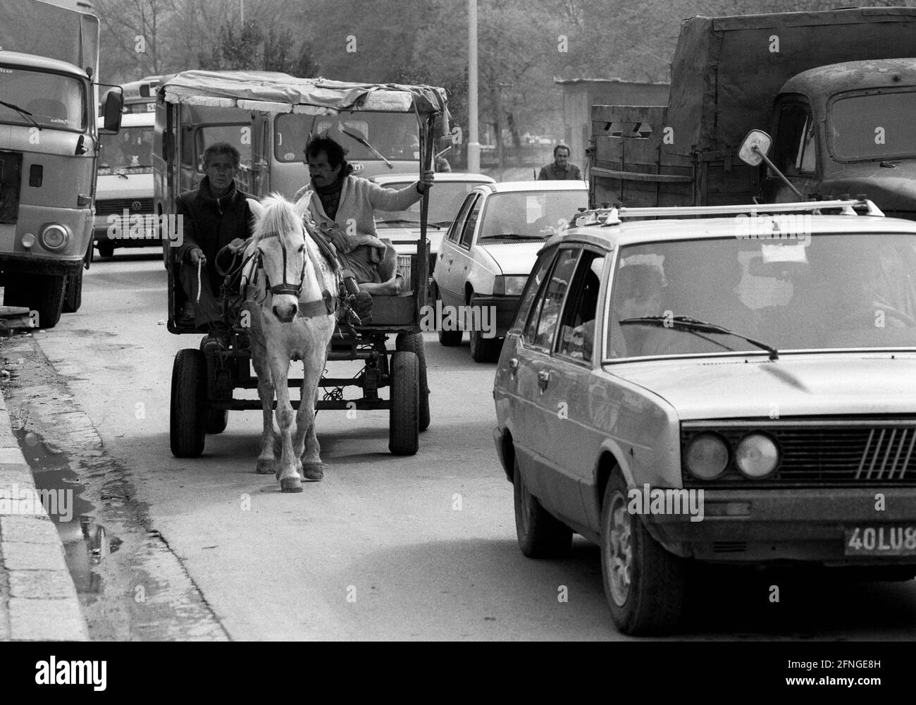 ALB , Albanie : UN véhicule à cheval au milieu de la circulation à Tirana , avril 1994 [traduction automatique] Banque D'Images