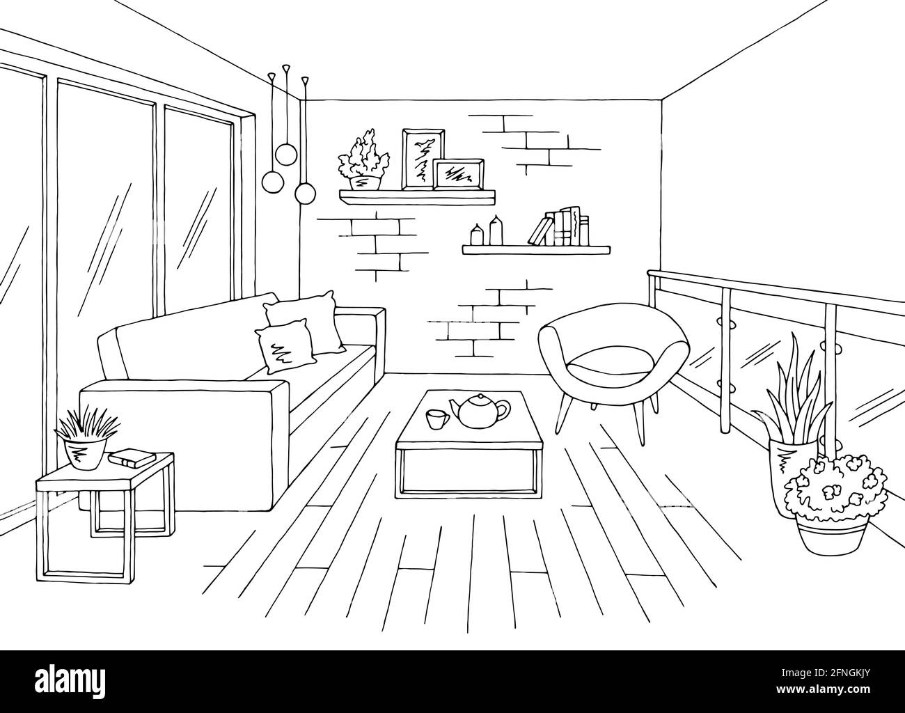 Dessin d'intérieur graphique de balcon noir blanc, illustration vectorielle Illustration de Vecteur
