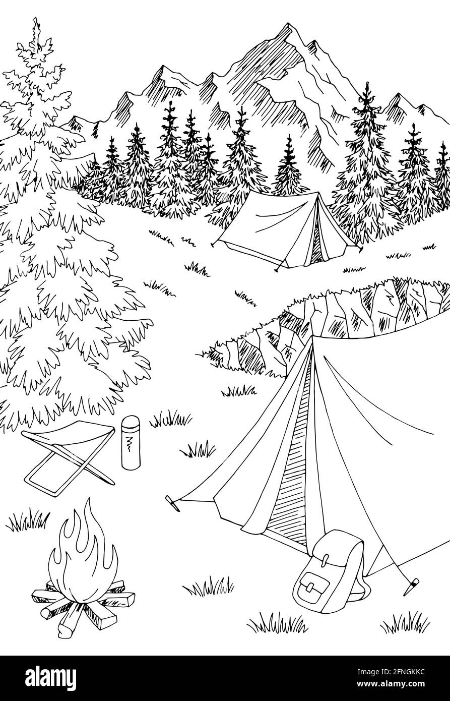 Camping vertical graphique noir blanc montagne paysage esquisse illustration vecteur Illustration de Vecteur