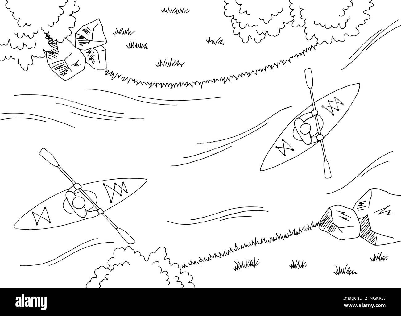 Kayak bateau voyage graphique noir blanc rivière vue aérienne du dessus vecteur d'illustration d'esquisse paysage Illustration de Vecteur