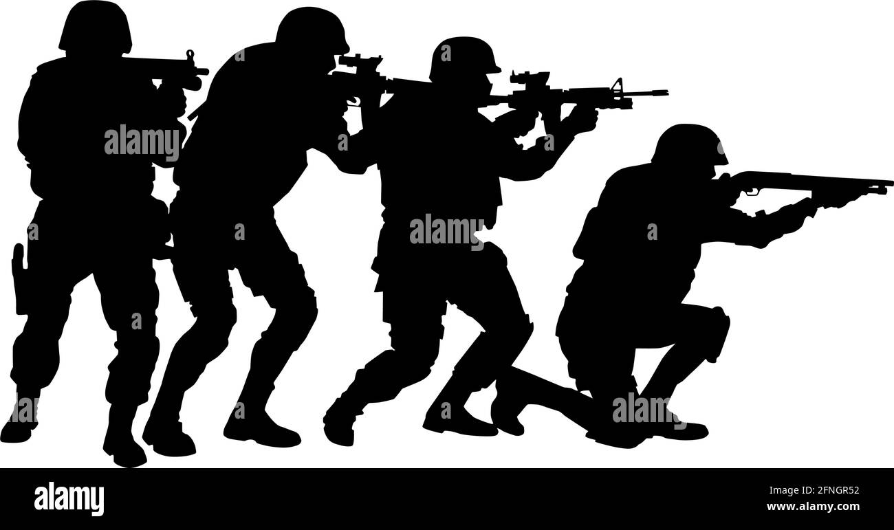 L'équipe tactique des forces spéciales de police, le groupe SWAT, les combattants de l'équipe contre-terroriste se déplaçant en formation de pile derrière le chef d'équipe qui vise avec une silhouette de vecteur de fusil de chasse isolée sur fond blanc Illustration de Vecteur