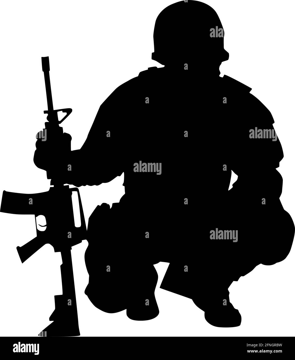 Tireur des forces spéciales de l'armée ou de la police, officier de l'équipe SWAT, chasseur de commando protégé par un casque, assis sur des haunches et penché sur le fusil de service, silhouette noire vectorielle isolée sur fond blanc Illustration de Vecteur