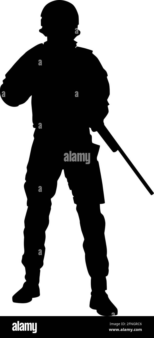Rifleman de l'unité tactique de police, tireur d'élite de l'équipe SWAT, chasseur d'escouade contre-terroriste en uniforme et casque, debout avec une carabine de service en mains, silhouette noire vectorielle isolée sur fond blanc Illustration de Vecteur