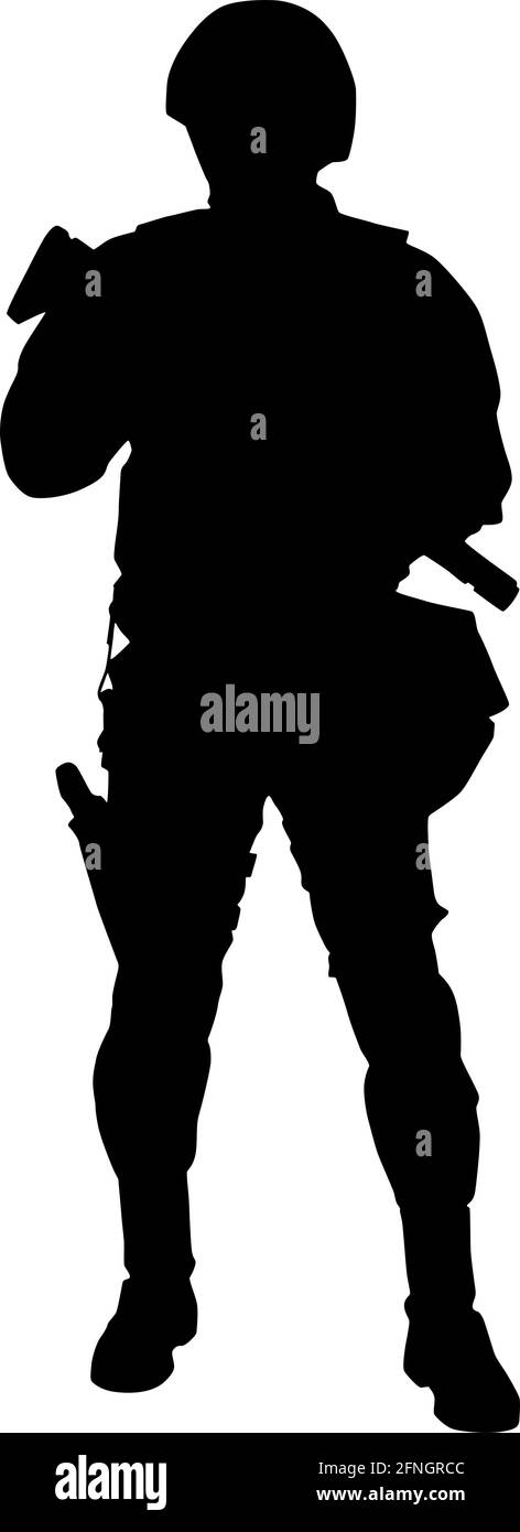 Soldat de l'armée, forces spéciales de police, officier SWAT en uniforme et casque debout avec une carabine de service dans les mains silhouette vectorielle pleine longueur isolée sur fond blanc. Combattant de l'équipe contre-terroriste Illustration de Vecteur