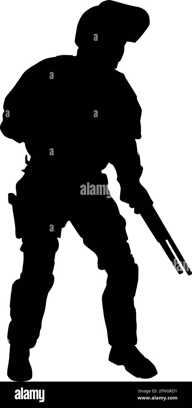 Officier des forces spéciales de police, FPS SWAT en casque anti-émeute avec visière escamotable, debout et accroupi avec fusil de chasse dans les mains, silhouette noire vectorielle isolée sur fond blanc Illustration de Vecteur