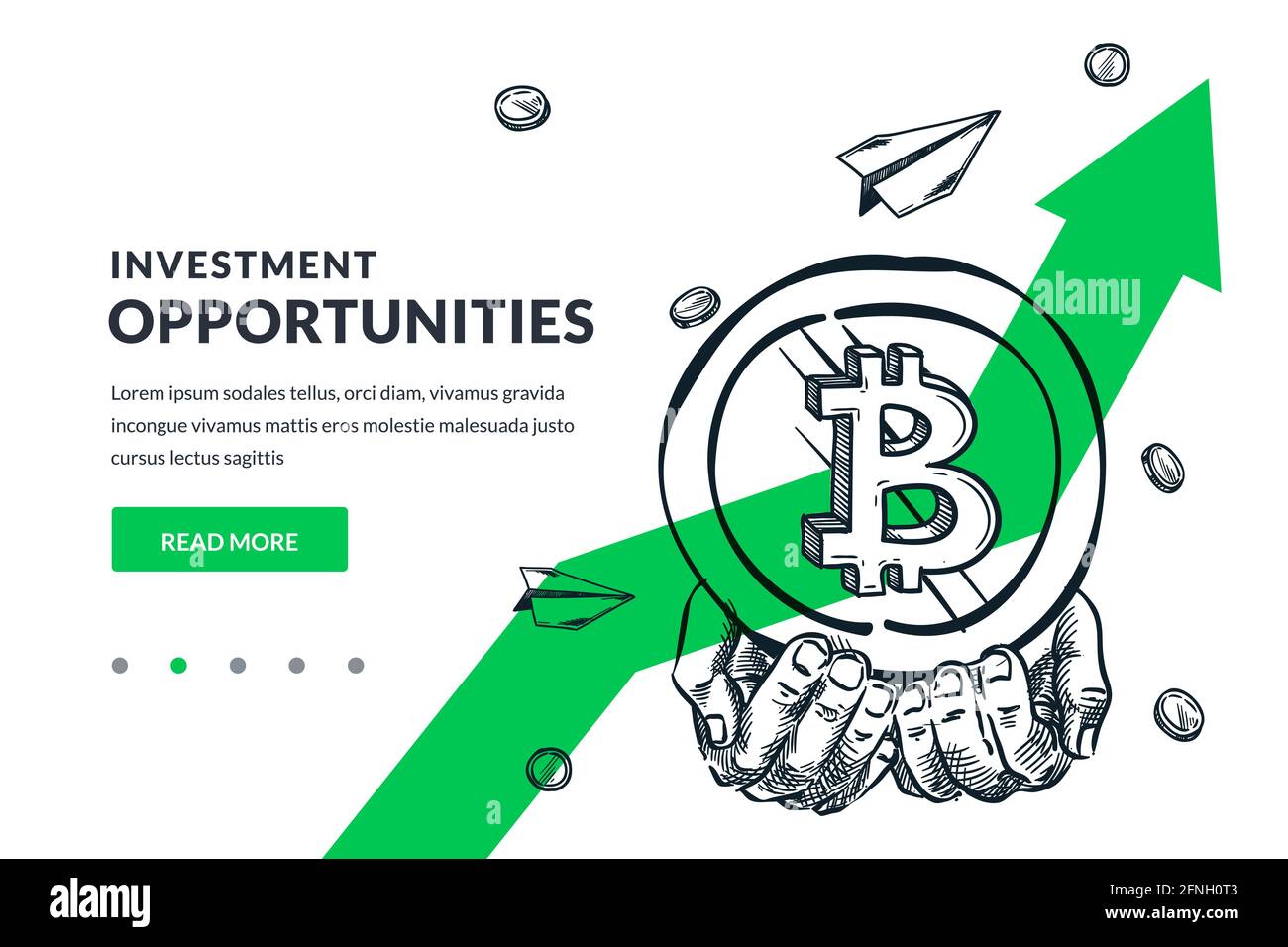 Les mains humaines tiennent la pièce de monnaie en bitcoin sur fond de flèche verte. Investissement, croissance financière, concept commercial des technologies minières. Esquisse vectorielle dessinée à la main il Illustration de Vecteur