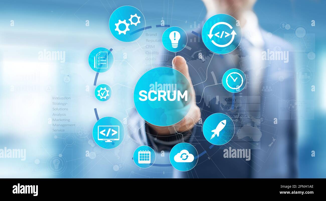 Scrum, méthodologie de développement Agile, concept de technologie de programmation et de conception d'applications sur écran virtuel Banque D'Images