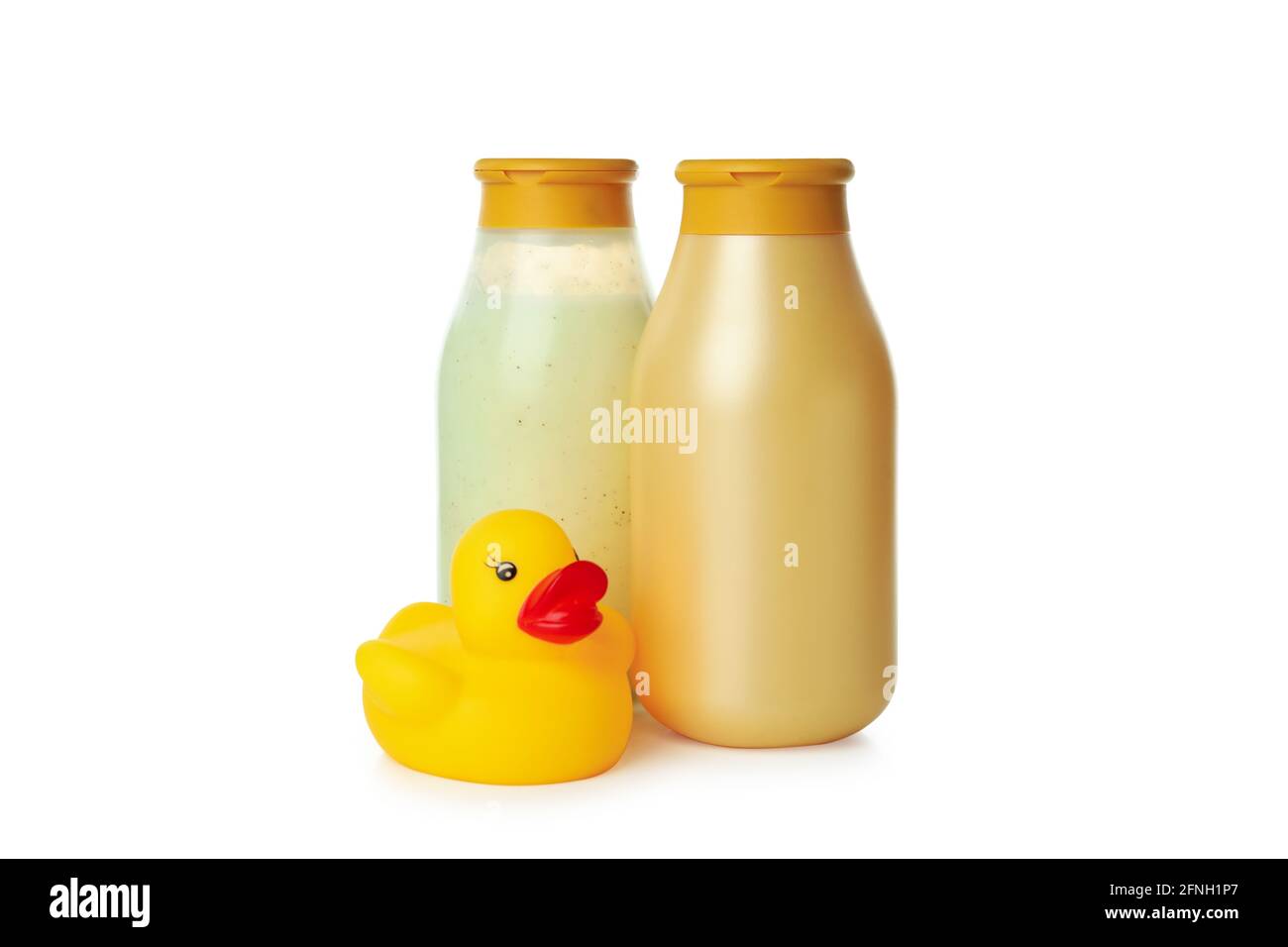 Gels de douche et canard en caoutchouc isolés sur fond blanc Banque D'Images