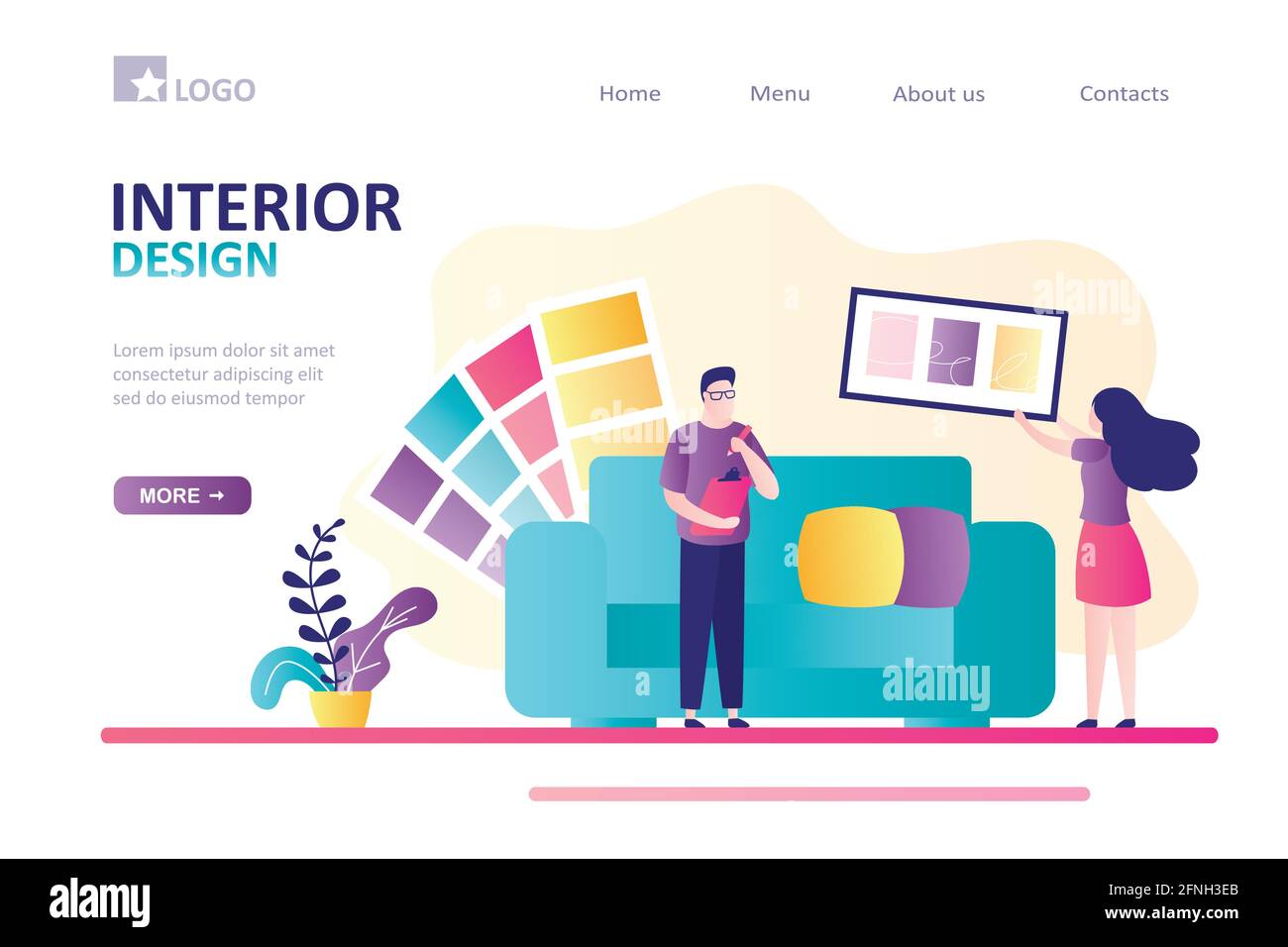 Designers avec palette de couleurs pour la conception de décorations d'intérieur. L'équipe travaille sur un nouveau projet de conception. Planification de la conception de la salle de séjour. Interdiction Web Illustration de Vecteur