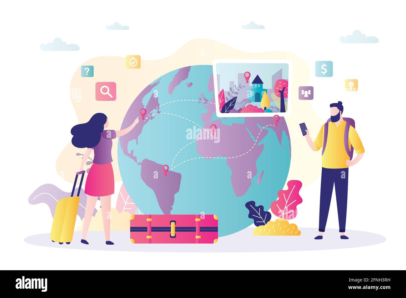 Couple amoureux prévoit d'aller en voyage. Concept d'organisation de voyages et de vacances. Homme et femme Choisissez la ville pour voyager en ligne. Carte du globe ou du monde Illustration de Vecteur