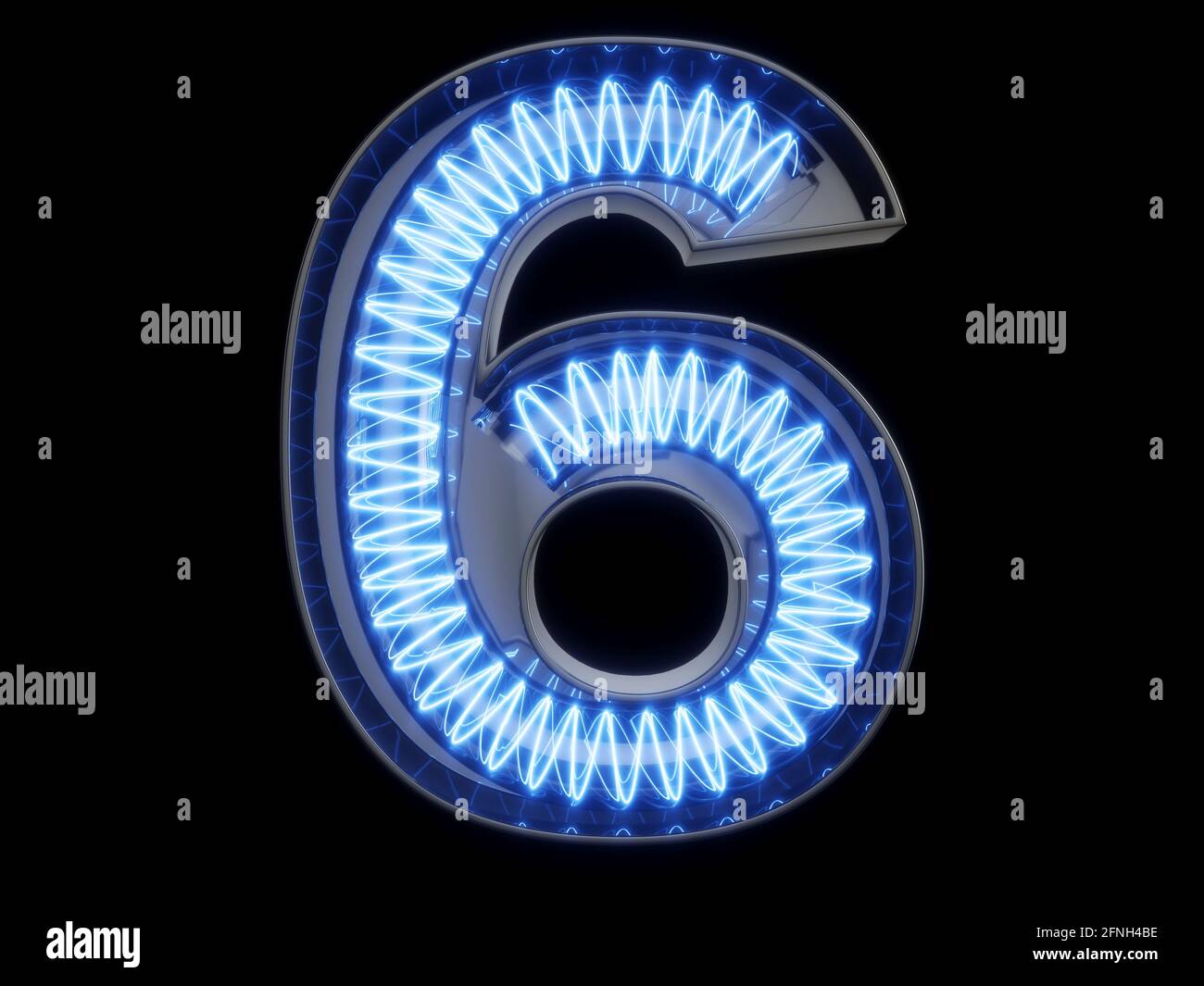 Ampoule en forme de spirale lumineuse caractère alphabétique 6 six caractères. Vue de face symbole 6 allumé sur fond noir. illustration du rendu 3d Banque D'Images