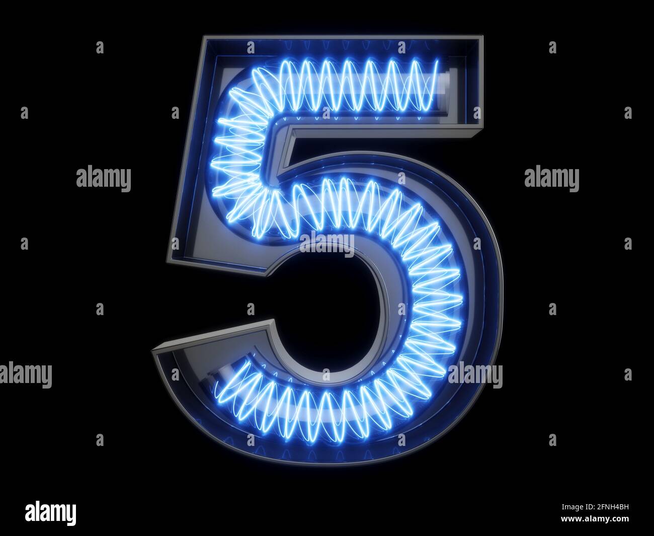 Ampoule en forme de spirale lumineuse caractère alphabétique 5 cinq caractères. Vue avant symbole 1 allumé sur fond noir. illustration du rendu 3d Banque D'Images