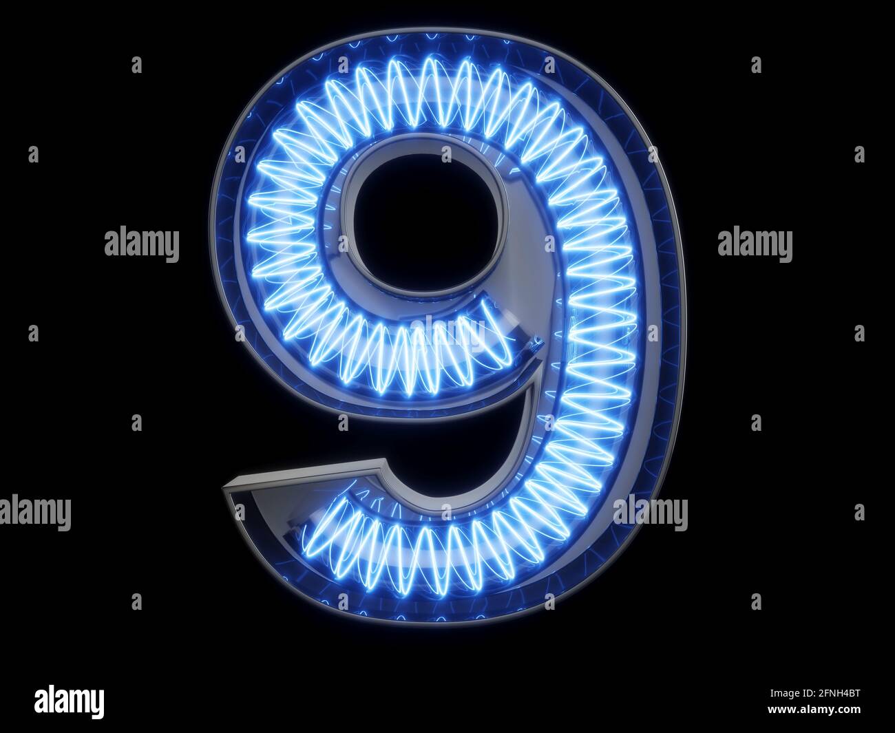 Caractère alphabétique à chiffres lumineux en spirale clair 9 neuf caractères. Vue de face symbole 9 allumé sur fond noir. illustration du rendu 3d Banque D'Images