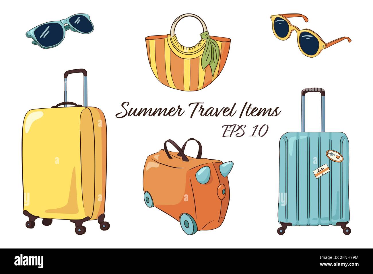 Dessin De Ligne Vecteur Tourisme Attributs Illustration Coloree Valises Jaunes Et Bleues Valise Enfant Sac A Rayures Femme Lunettes De Soleil Image Vectorielle Stock Alamy