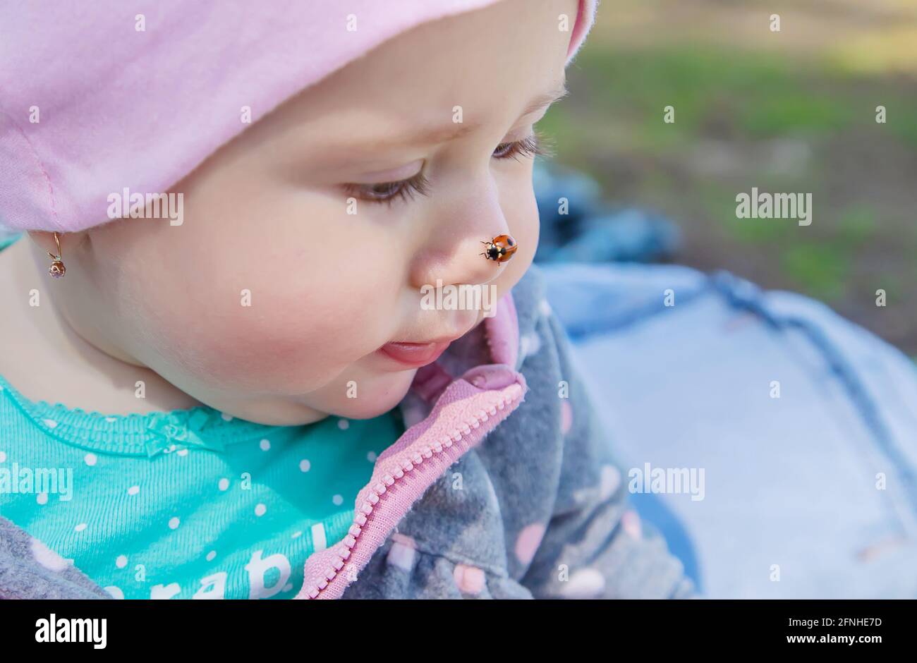 Bebe Coccinelle Sur Le Visage Mise Au Point Selective Nature Photo Stock Alamy